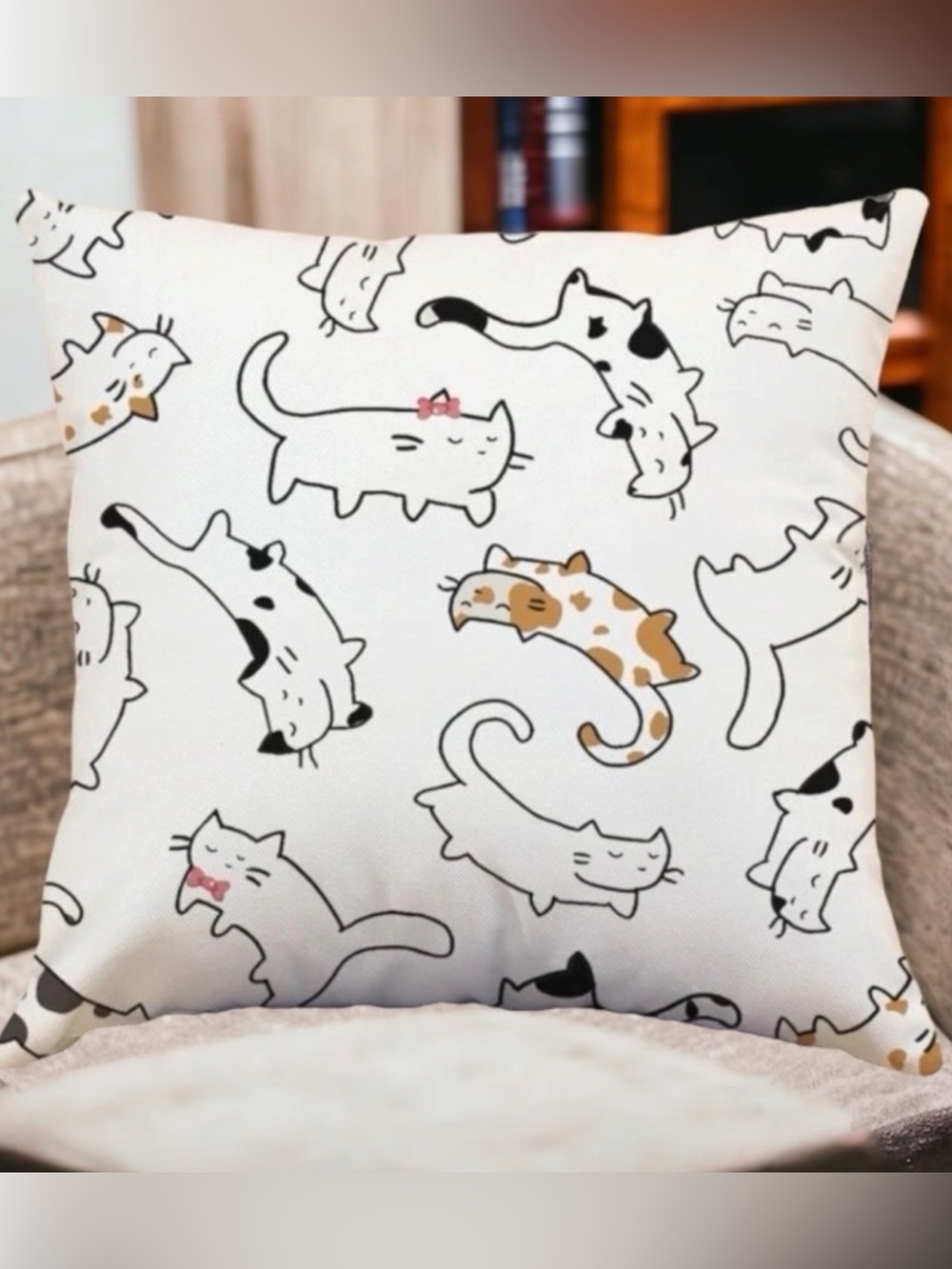 Pillow Cover Cat Print Zip Close Large Square White Tan Black Multicolor 17.7 in